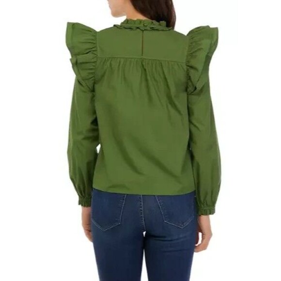 Crown & Ivy Green Ruffle Top Sz L Cottagecore Prairie Victorian 100% Cotton - Picture 3 of 13
